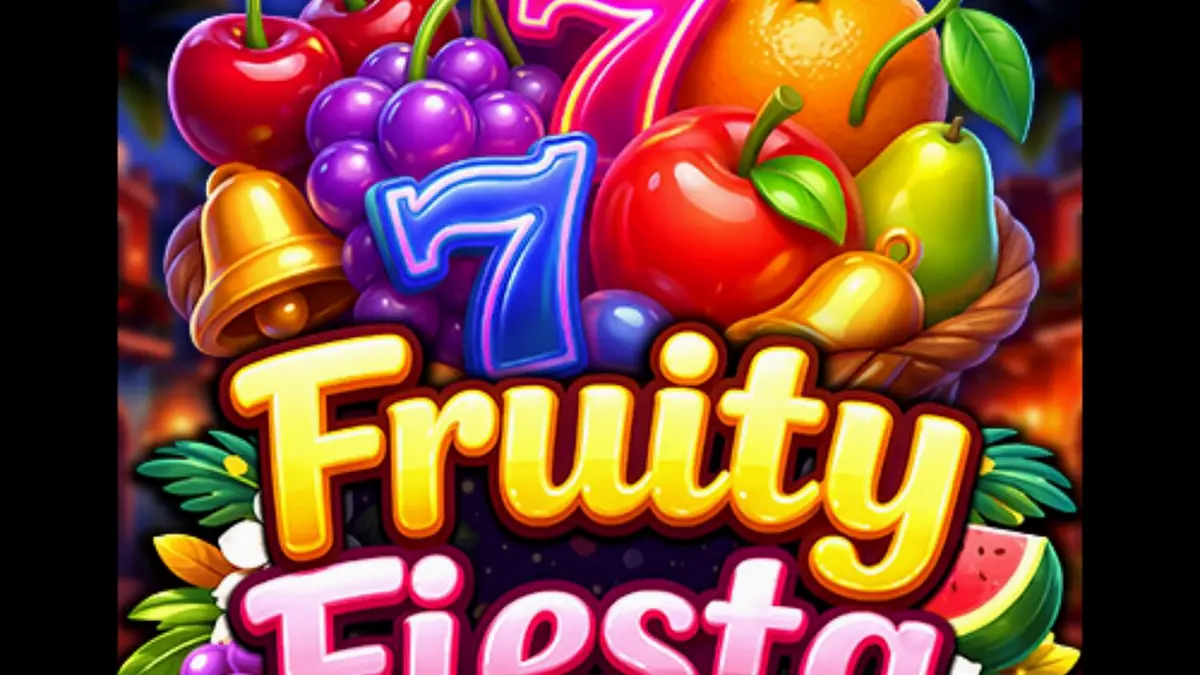 Tampilan visual slot Fruity Fiesta dengan simbol buah neon dan latar belakang karnaval